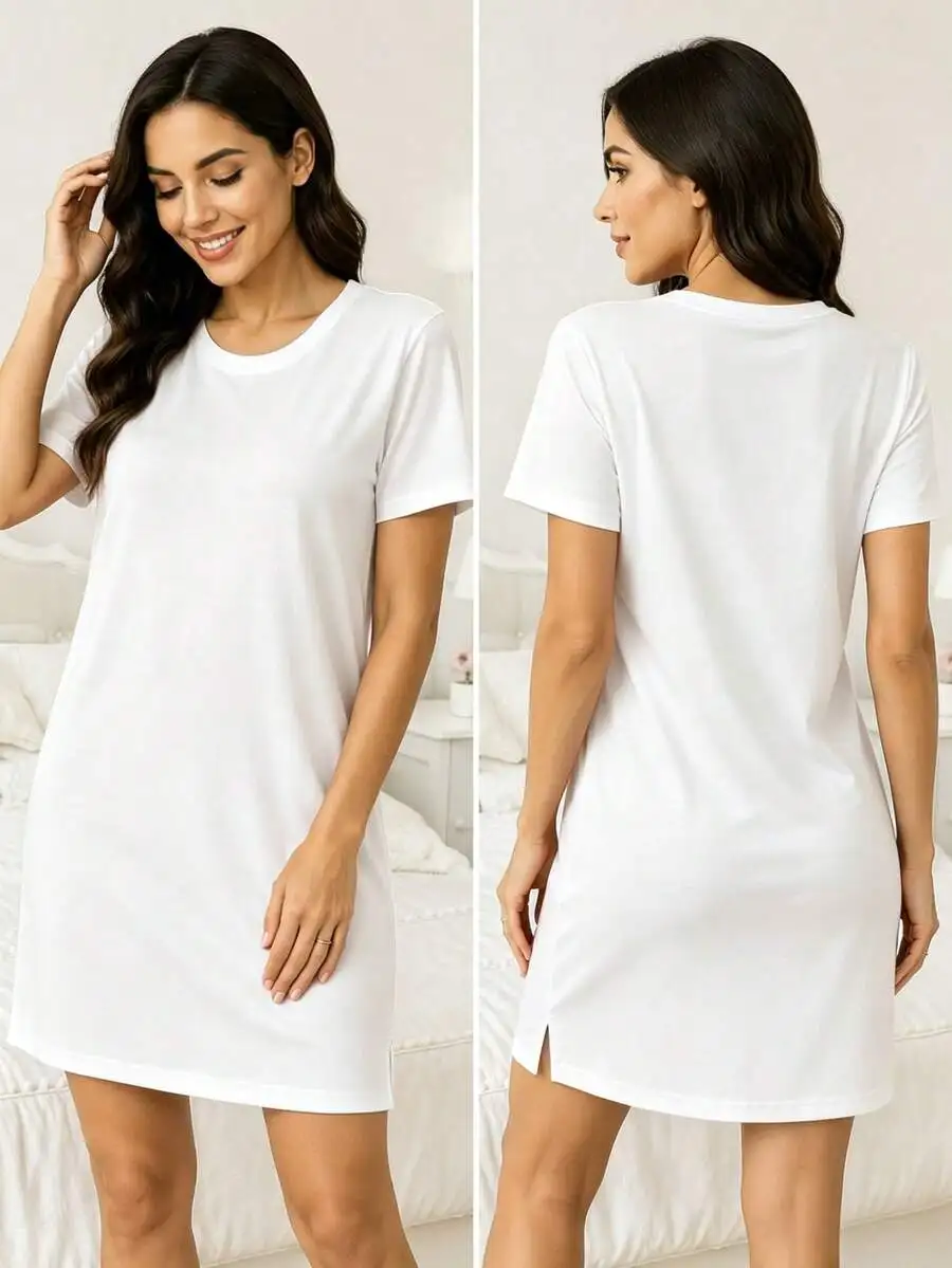 White Sleep Dress With Believe Unique Triple Bow Print Women Loungewear Nightgown Plus Size - view 5