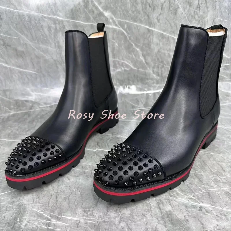 Newest Studded Man Ankle Boots Suede Leather Spliced Knit Elastic Round Toe Slip On Black Winter Versatile Boots Neutral Boots