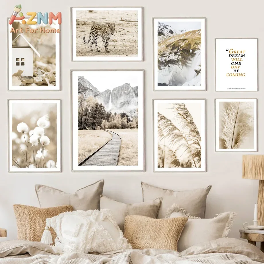 Neutral Boho Nature Wall Art Mural Leopard Mountain Waterfall Pampas Grass Prints Inspirational Quote Canvas Posters Home Decor