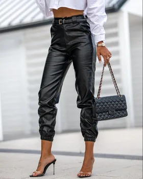 Image Women Black Pu Leather Pants Casual 2023 Autumn Fashion High Waist Pocket Design Sexy Tight Long Trousers Clothing Streetwear