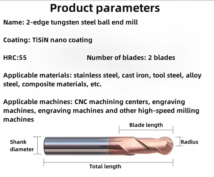 Hrc55 Ball End Mill 2 Flute Tungsten Carbide Milling Cutter Cnc Router Bits Cutting Milling Tool R0.5 1 2 3 4 5 6 7 8 9 10mm