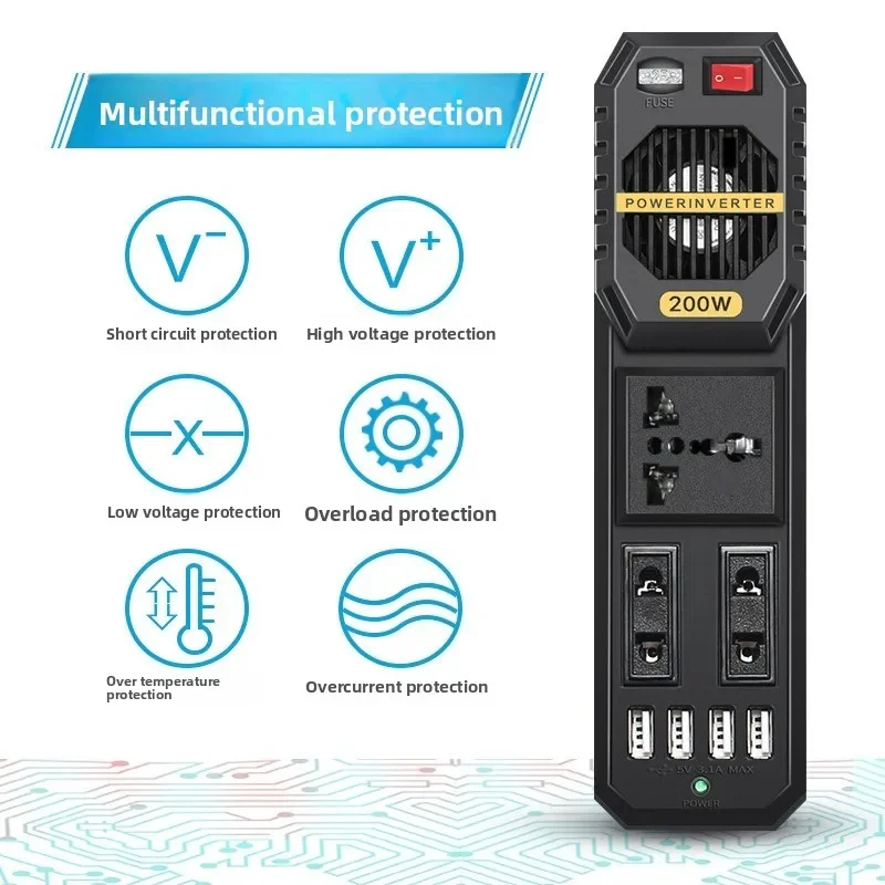 Nuevo Mini inversor de coche de 200W DC12V a AC220V piezas de automóvil al aire libre convertidor de potencia ventilador de refrigeración de conversión de frecuencia inteligente 1