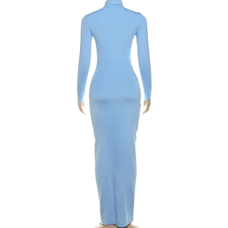 Women Solid Ruched Bodycon Maxi Dress 2025 Autumn Elegant Turtleneck Full Sleeve Slim Casual Streetwear Outfits Party Long Robe