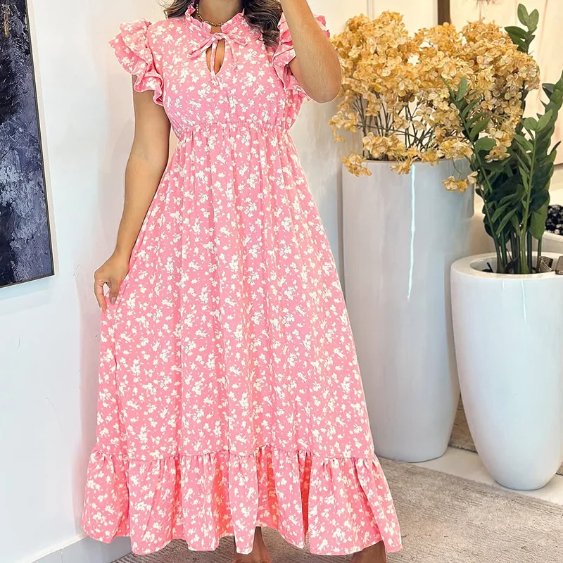 

Women Dresses Floral Print Dress Lace Up Turn Down Collar Flying Sleeves Ankle Length Empire Waist Loose Fit Casual 2026 Summer