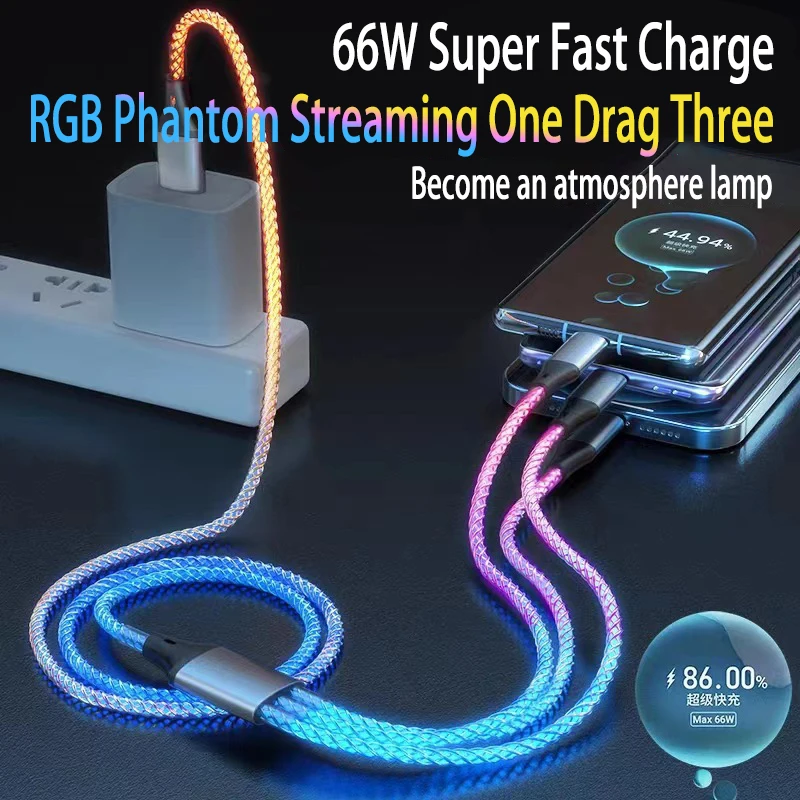 UTHAI YO2 6A Super Fast Charging Colorful Luminous Data Cable Suitable For iPhone Huawei Xiaomi One Drag Three Charging Wires