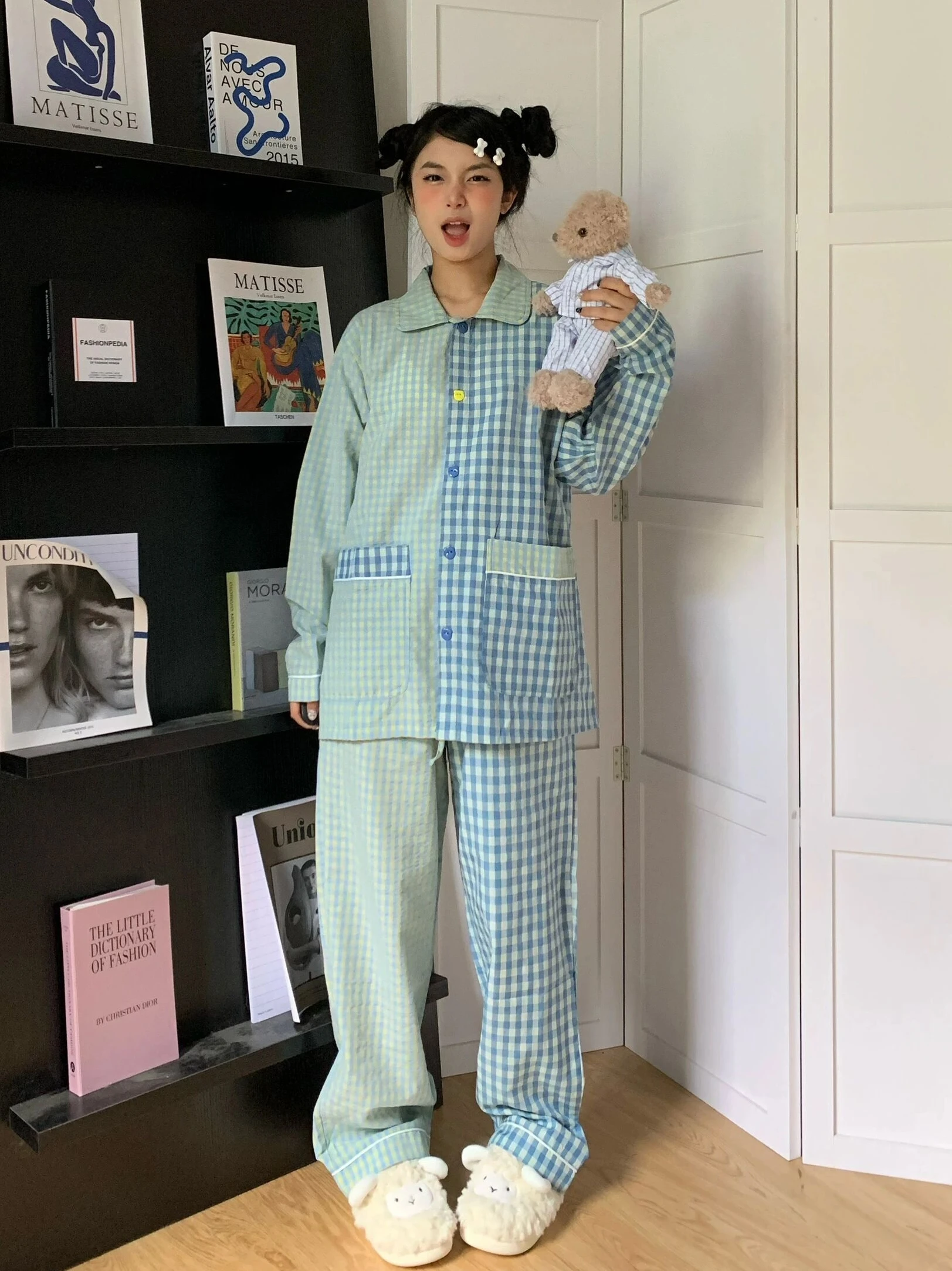 Korean Sle Long Sve Plaid Spwear Women's Spring Autumn Home Clothes Set High Waist Pants Comfortable Soft Material