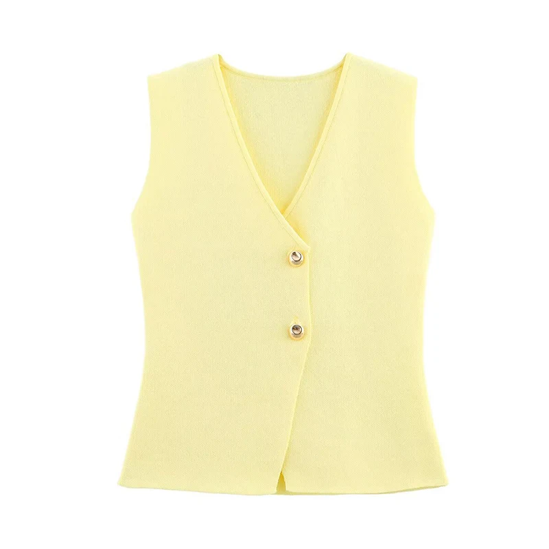 YENKYE New Women Front Button Knit Vest Top Vintage Solid Sleeveless V Neck Slim Elegant Tank Top
