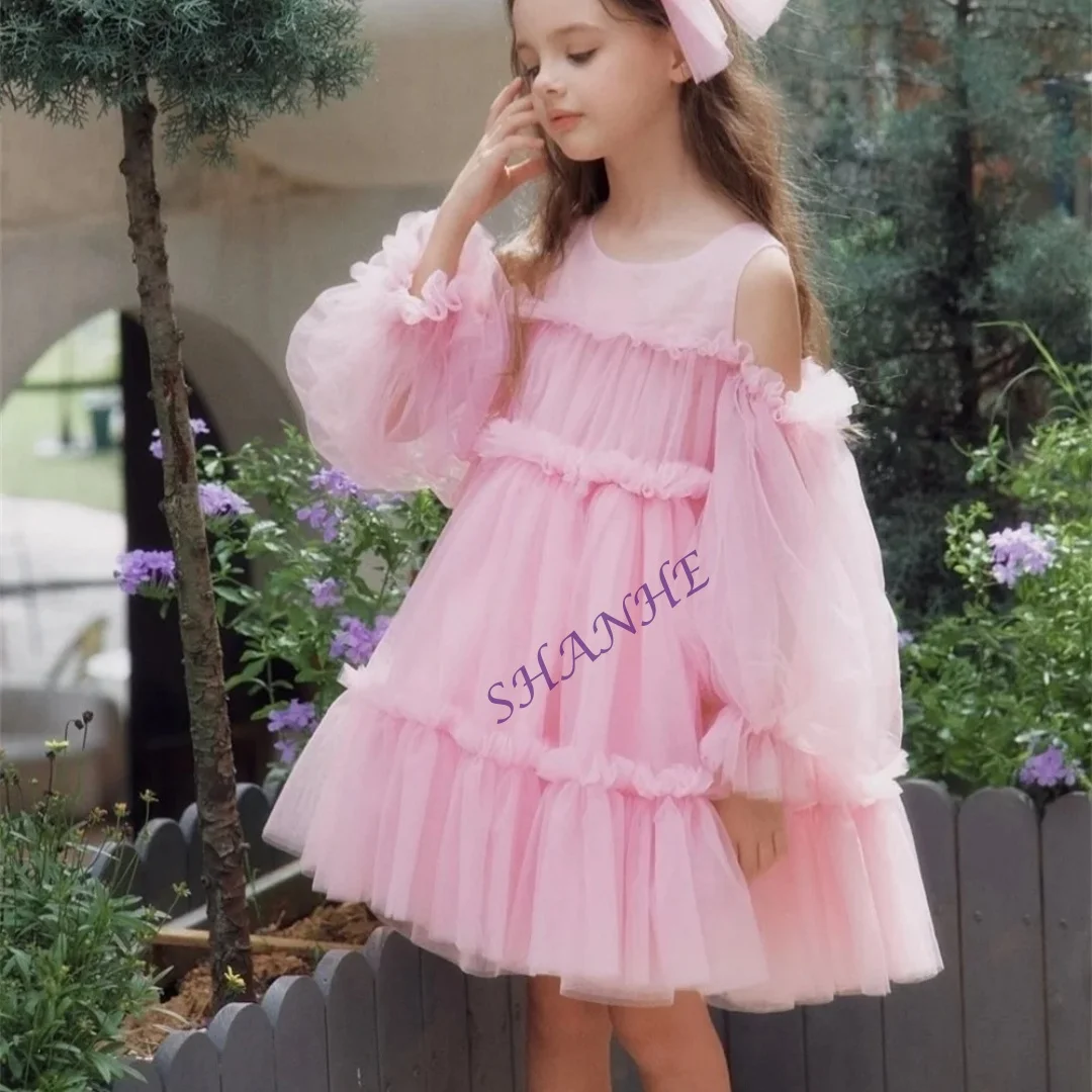 Sukienki dla dziewczynek na wesele, imprezę, bal, z różowymi kwiatami, tiulowe, z możliwością personalizacji.