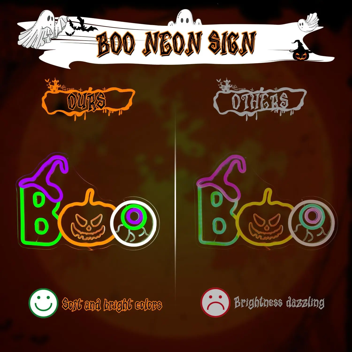 مصباح LED من Spooky Halloween Neon Sign Boo لديكور الحائط أو النافذة أو غرفة النوم - فن اليقطين المتوهج والهدايا للحفلات أو المنزل أو البار