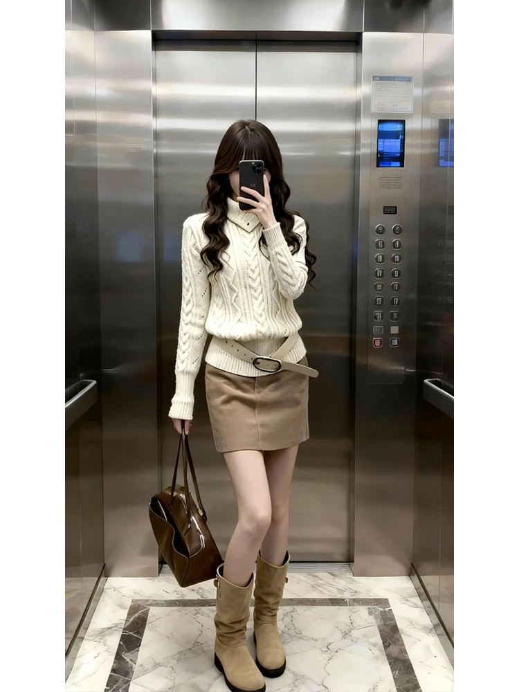 Korean Style Khaki Wrap around  Skirt Women's High Waist Slim Fit Simple Design Autumn Winter New Arrival Short Skirt