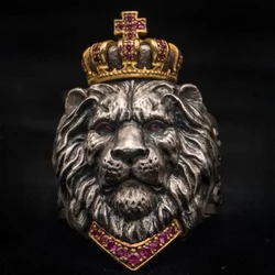 Vintage Crown Lion Rings for Men Inlay Shiny Zircon Cross Stainless Steel Jewelry Hiphop Punk Style Accessories Creative Gifts
