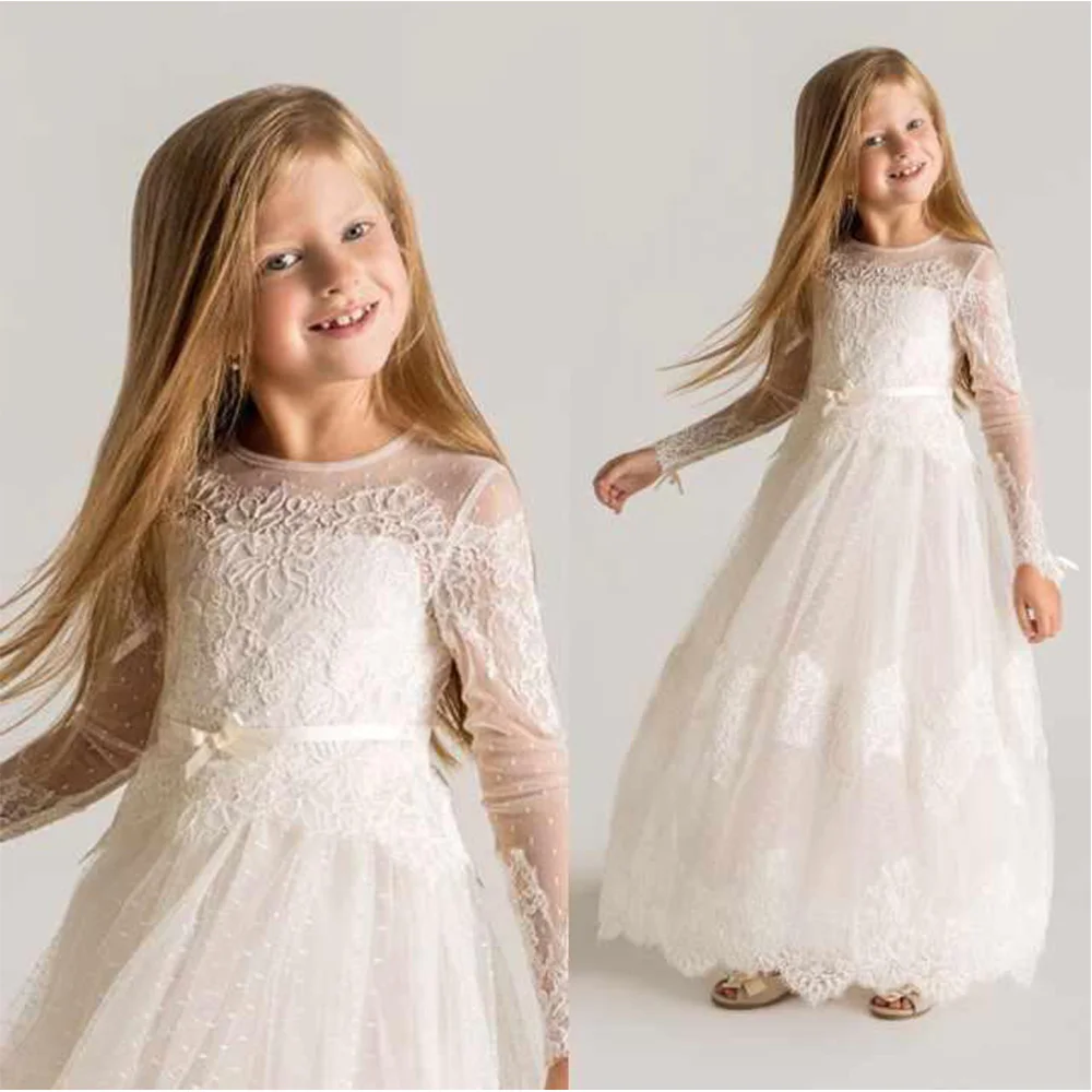 

New Custom Princess Flower Girls Dresses A Line Jewel Long Sleeve Ankle-Length Applique Lace Illusion Birthday Christmas