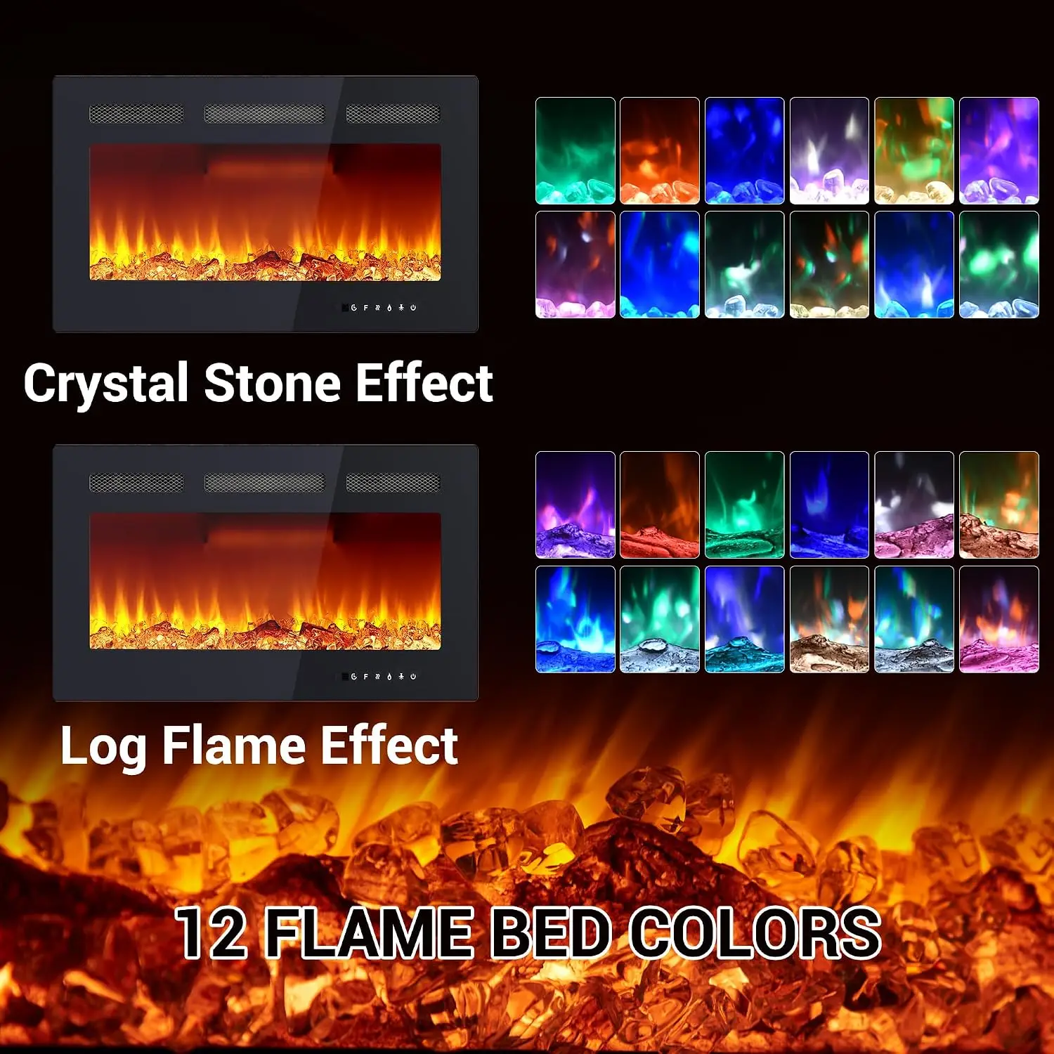 30 Inch Christmas Fireplace Flame Light 120V/1500W with Remote Control Heater Multi-color Fake Flame for Holiday Winter Party Home Decor Modern Living Spaces