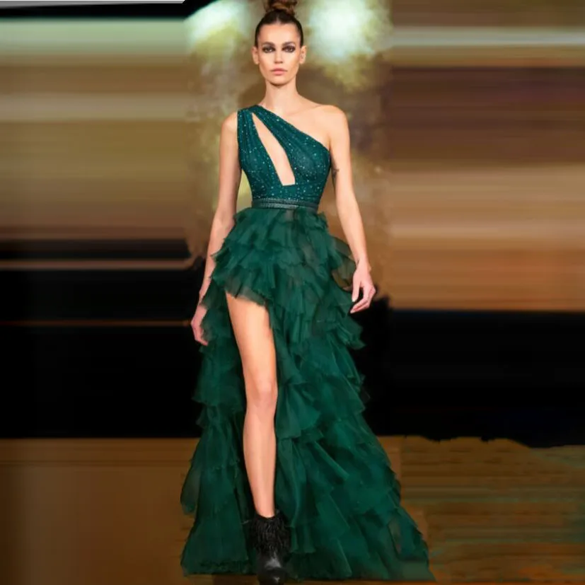 Emerald Green Mesh Prom Party Dress Sequin One Shoulder Ruffles Tiered Tulle A Line Formal Dresses Women Maxi Gowns Layered