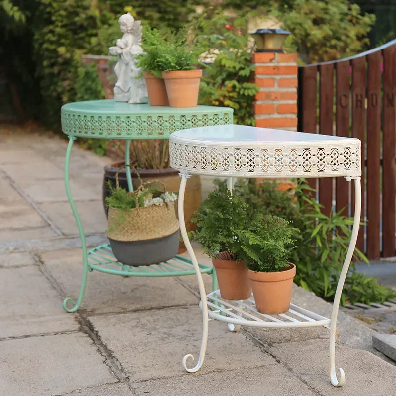 American wrought iron semi-circular console table balcony flower rack living room entrance table floor-standing wall shelf stora