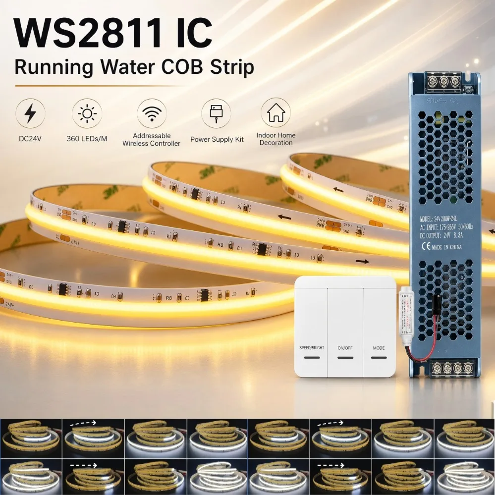 40m-5m Running Water Flowing Light Kit DC24V WS2811 IC COB LED Strip 360LEDs/m Running Water Light Wireless Controller Power kit