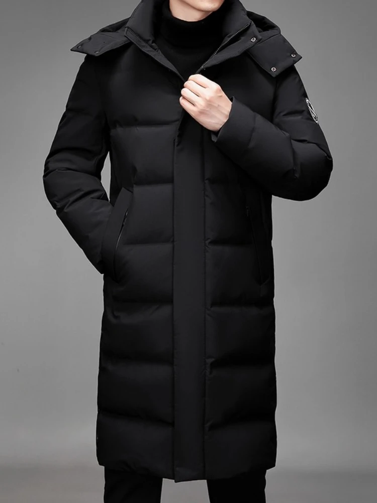 Winter Knee-Length Down Coat Men Plus-Size Thickened Puffer Jacket with Removable Fur Hood Warm Oversized Mid-Length Outerwear