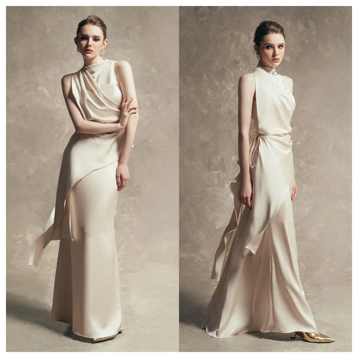 맞춤형 기질 아이보리 새틴 이브닝 드레스 오-넥 민소매 특별 행사 가운 럭셔리 연예인 가운 Hig