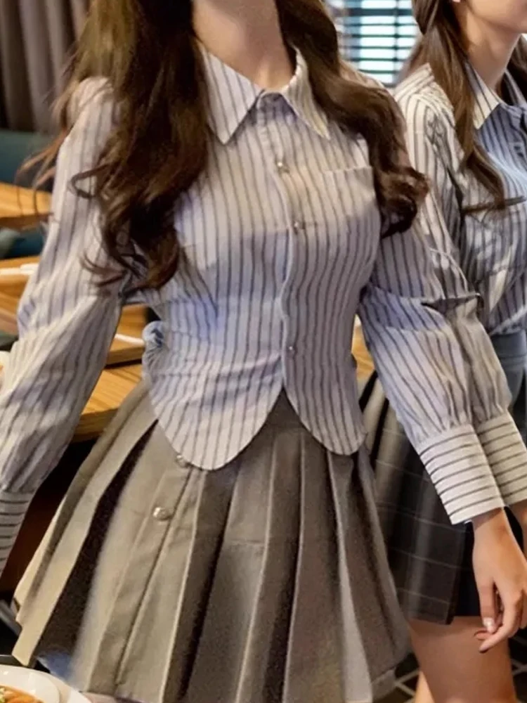

Женская приталенная рубашка в полоску с длинным рукавом, весенняя коллекция, в корейском стиле, с высокой талией, пэчворк
