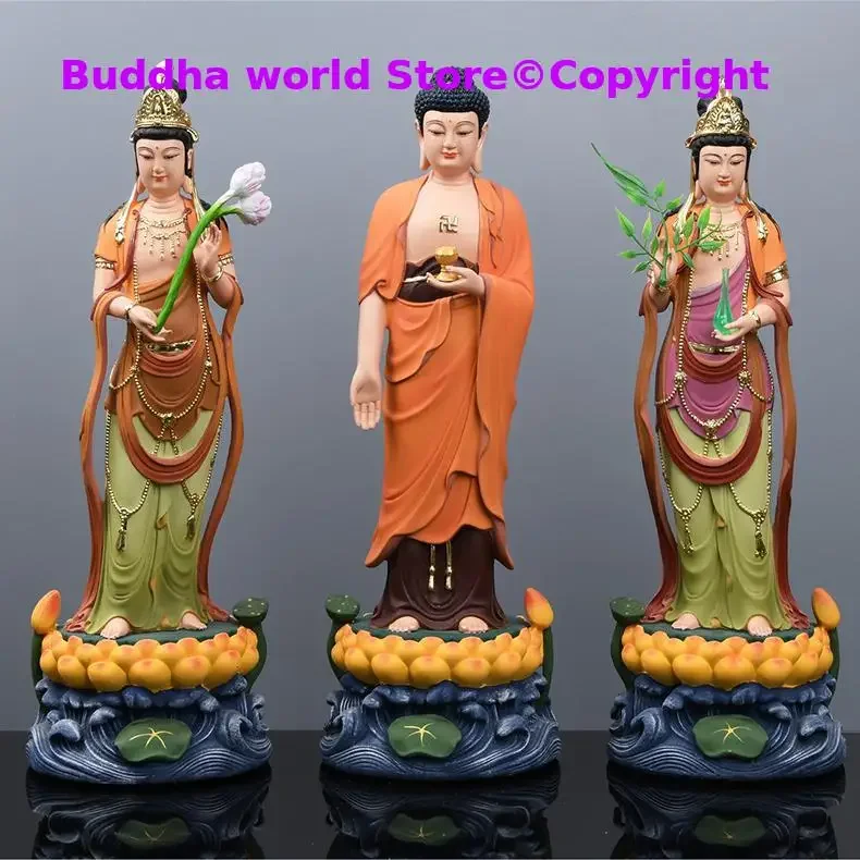 Large 52CM 3P A set HOME Shrine protection Buddhism XI FANG SAN SHENG Standing Guan yin Amitabha Mahasthamaprapta Buddha statue