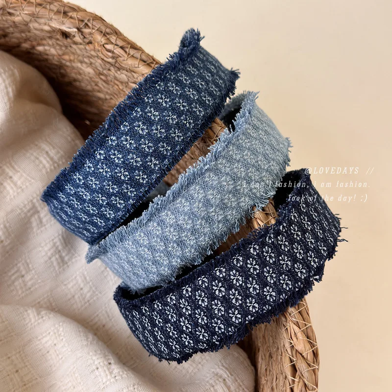 Headband Wide Vintage Denim Embroidered Pattern High Crown Non Slip Hair Hoop for Women Girls Daily Makeup Facial Cleansing