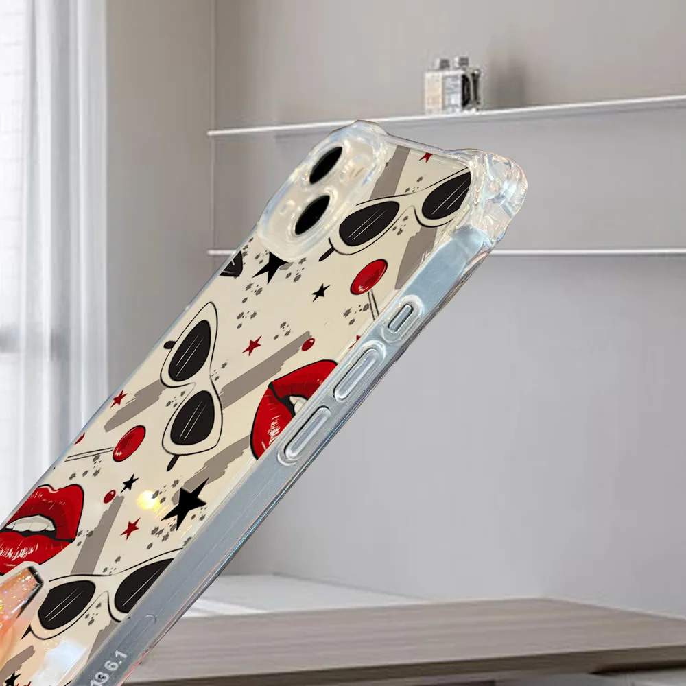 Beautiful Red lip print Collection Suitable for iPhone 16 Case Portable Four Corner Drop Protection Equip with hanging rope B# #4