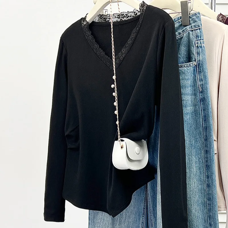 Winter Thiened Long Sve Pure Color Fce Lined Women's Base irt plus Size Lace Trim Inner Wear Top for plus Size Women