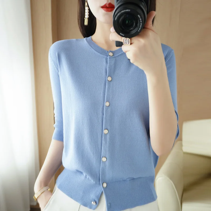 Spring Summer Rayon Cool Sweater Woman O-neck Three Quarter Cardigan Fashion Casual Knitted Tops Solid Color Sweater