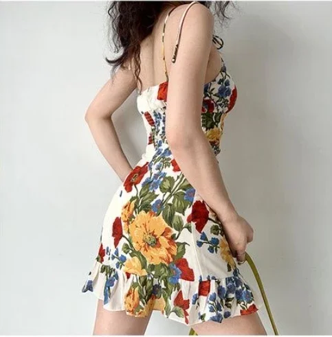 Women's Dresses Oil Painting Printed Camisole Dress Summer O-Neck Backless Pleated Hem Waist A-Line Women's Camisole Dress