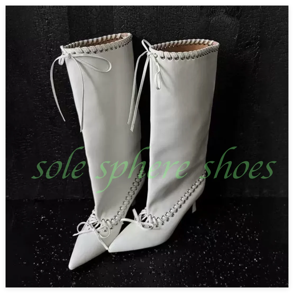 

Lady White Bowtie Low Heel Punk Style Knee Boots Pleated Red Metallic Pu Mirror Pu Knee Boots Footwear Lace-Up Shoessize 34-46
