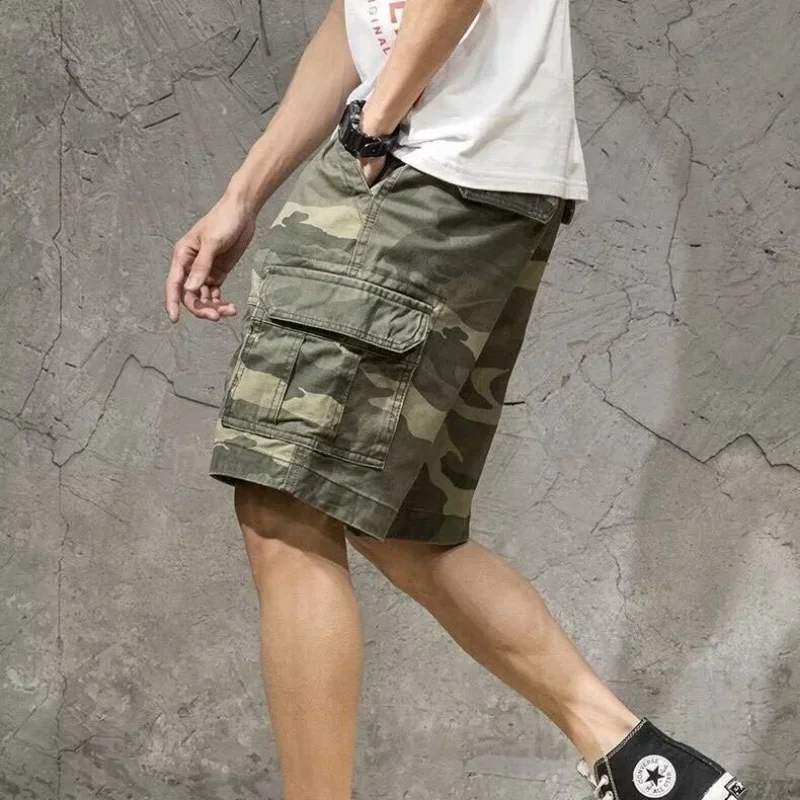 Men\'s Cargo Shorts Half Camouflage Male Bermuda Short Pants Y2k Front Pocket Elastic Waist Wide 2025 New In Comfortable Baggy