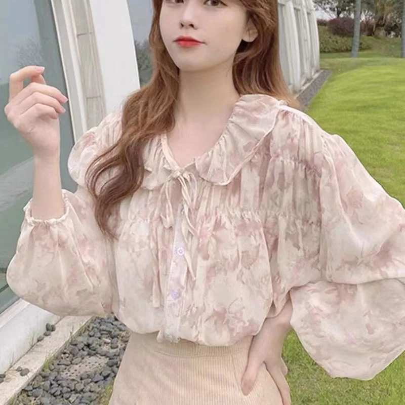 

Fashion Floral Chiffon Shirt Women's 2022 New Spring And Autumn Style French Super Fairy Sweet Doll Tie Tie Puff Sleeve Top