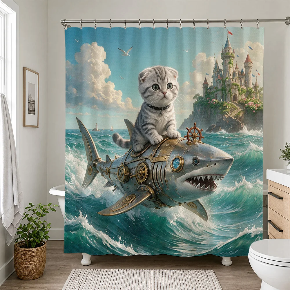 Cute Kitten on Steampunk Shark Ride Fantasy Bathroom Shower Curtain Waterproof Home Decor