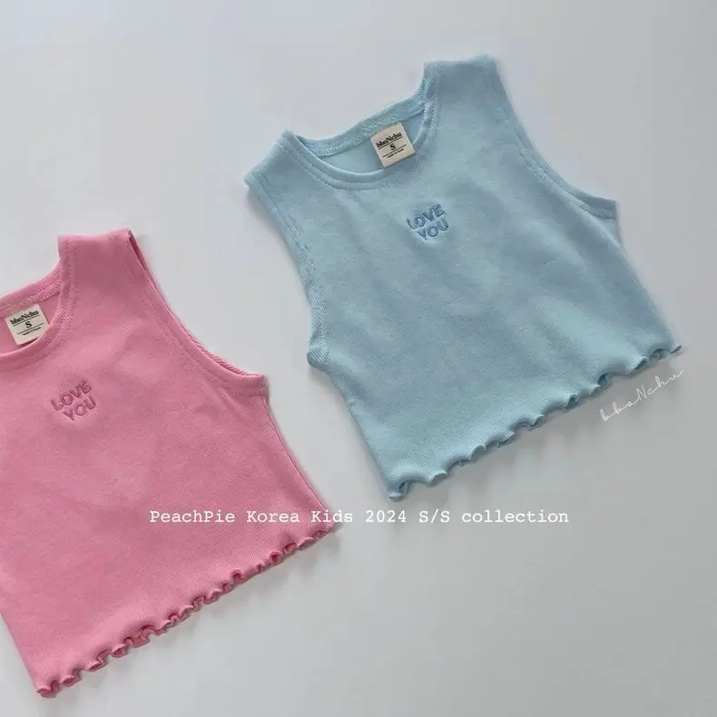 Korea Summer Kids Clothes Baby Girls Vest Cute Hollow Heart Pink Blue Vest Toddler Fashion Cropped Top Y2k Tee Tops 80-130cm