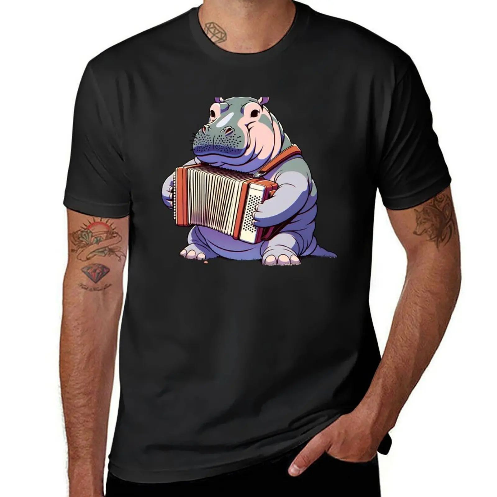 Hippo Harmonies: Fun Accordionist T-Shirt customizeds boys animal print black t shirts for men