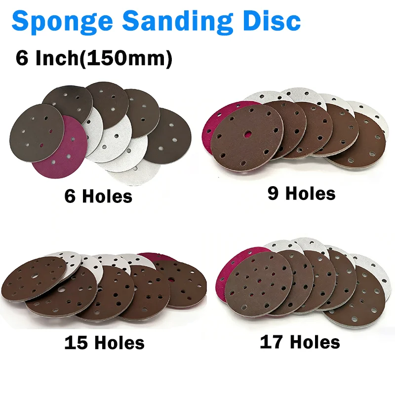 

6 Inch 150mm 6/9/15/17 Holes Hook&Loop Sponge Sanding Disc 300-2000 Grit Round Sandpaper Pad Abrasive Grinding Polishing Tools