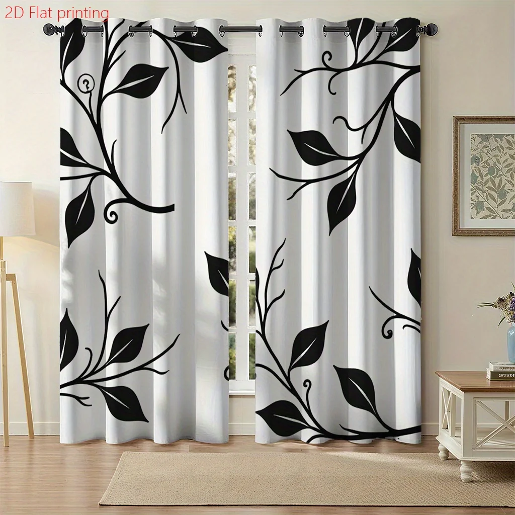 2pc Black leaf and branch pattern curtains, made of polyester fabric, machine washable, suitable for bedroom living room décor.