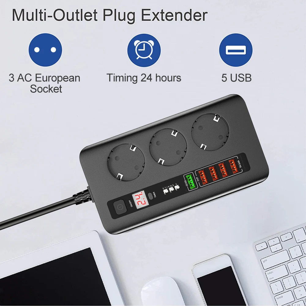 Smart EU Power Strip Timed QC3.0 USB Charger Hub 3 AC Outlet Socket Overload Protector 2m Extension Cable for Home Office Plug