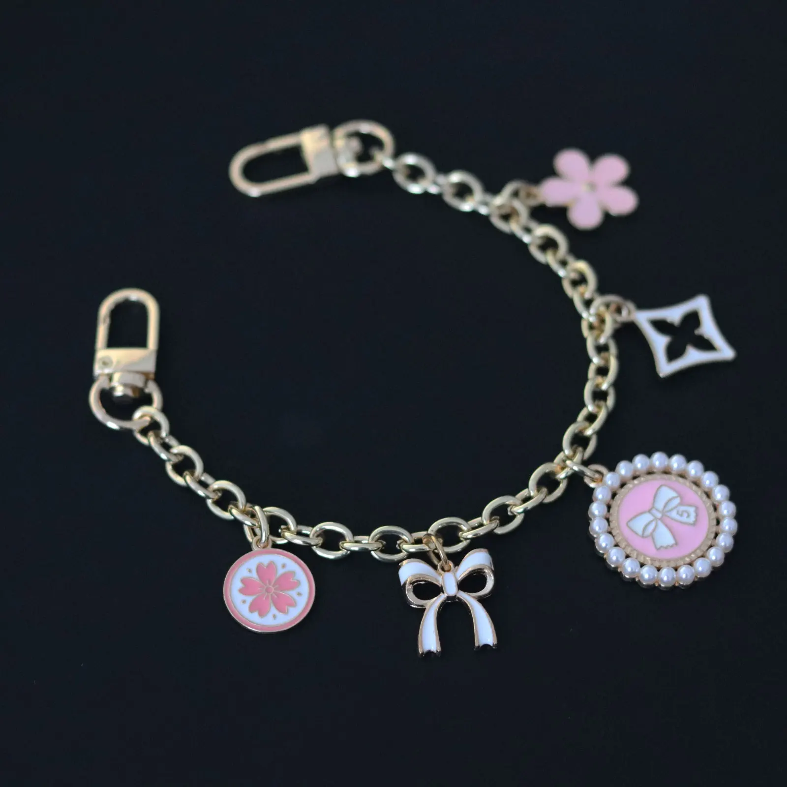 Hand Wrist Strap phone Lanyard Metal keychain bag charm bag extended pink flower bow pendant