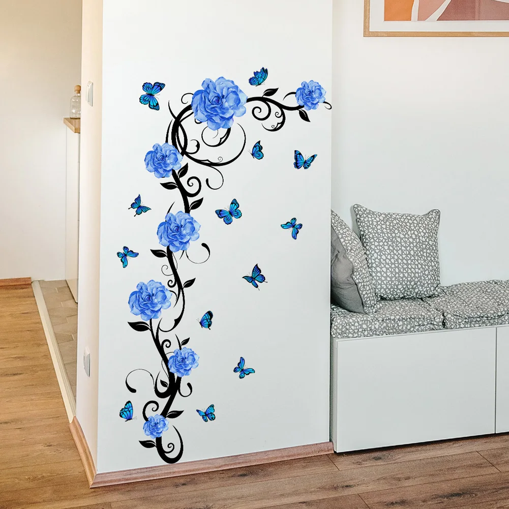 Blue Flower Arabesque Butterfly Wall Stickers Living Room Background Decoration Wallpaper Home Beautify Mural Cupboard Decals