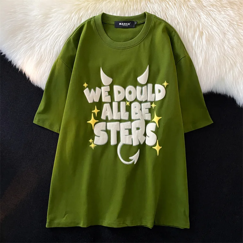 2023 Summer New American Letter Printing Short-sleeved Men and Women Harajuku Street Hip-hop Loose Couple T-shirts Kawaii