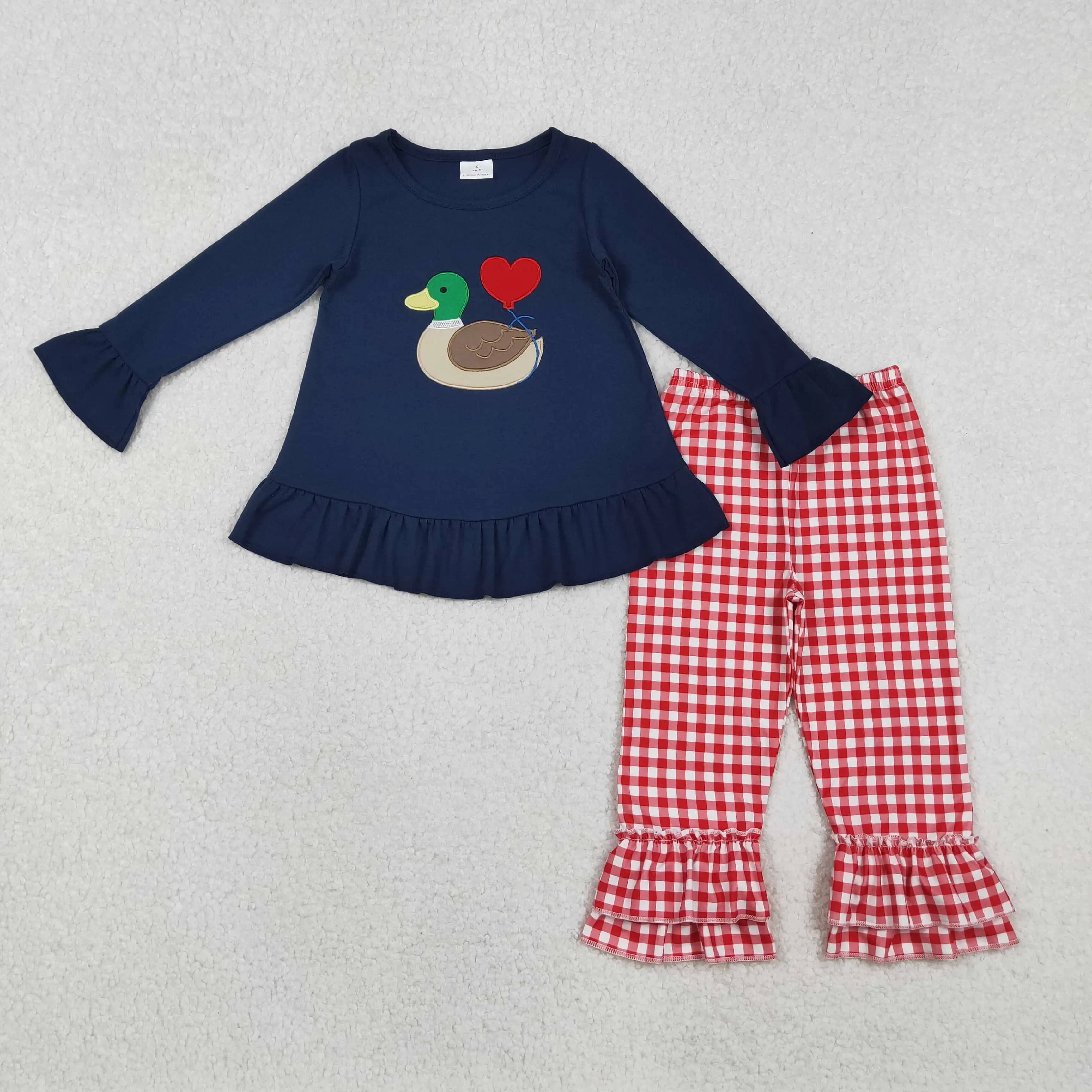

Baby Girls Valentine's Day Outfit Set with Embroidery Heart Ducks Navy Tunic And Red Checked Pants