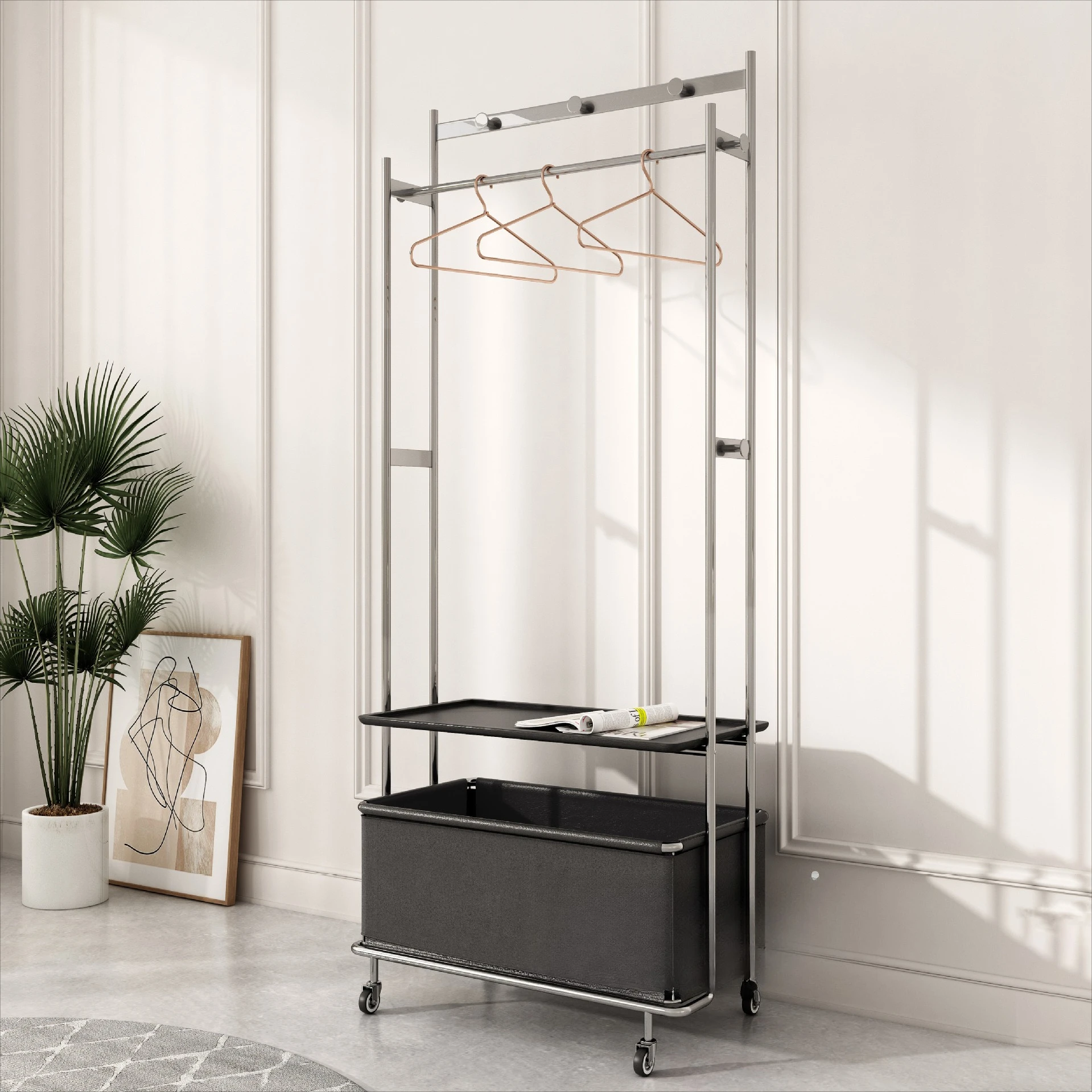 شماعة من الخشب الصلب من العصور الوسطى من الفولاذ المقاوم للصدأ، رف معطف أرضي متحرك، شقة صغيرة، غرفة نوم متعددة الوظائف #5