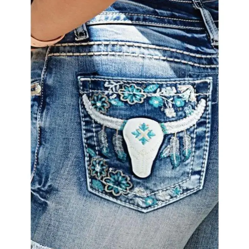 

Women's Mid-Waist Elastic Denim Jeans Tight Hole Punching Cro Pattern PU Fabric Ladies Faion Winter Collection