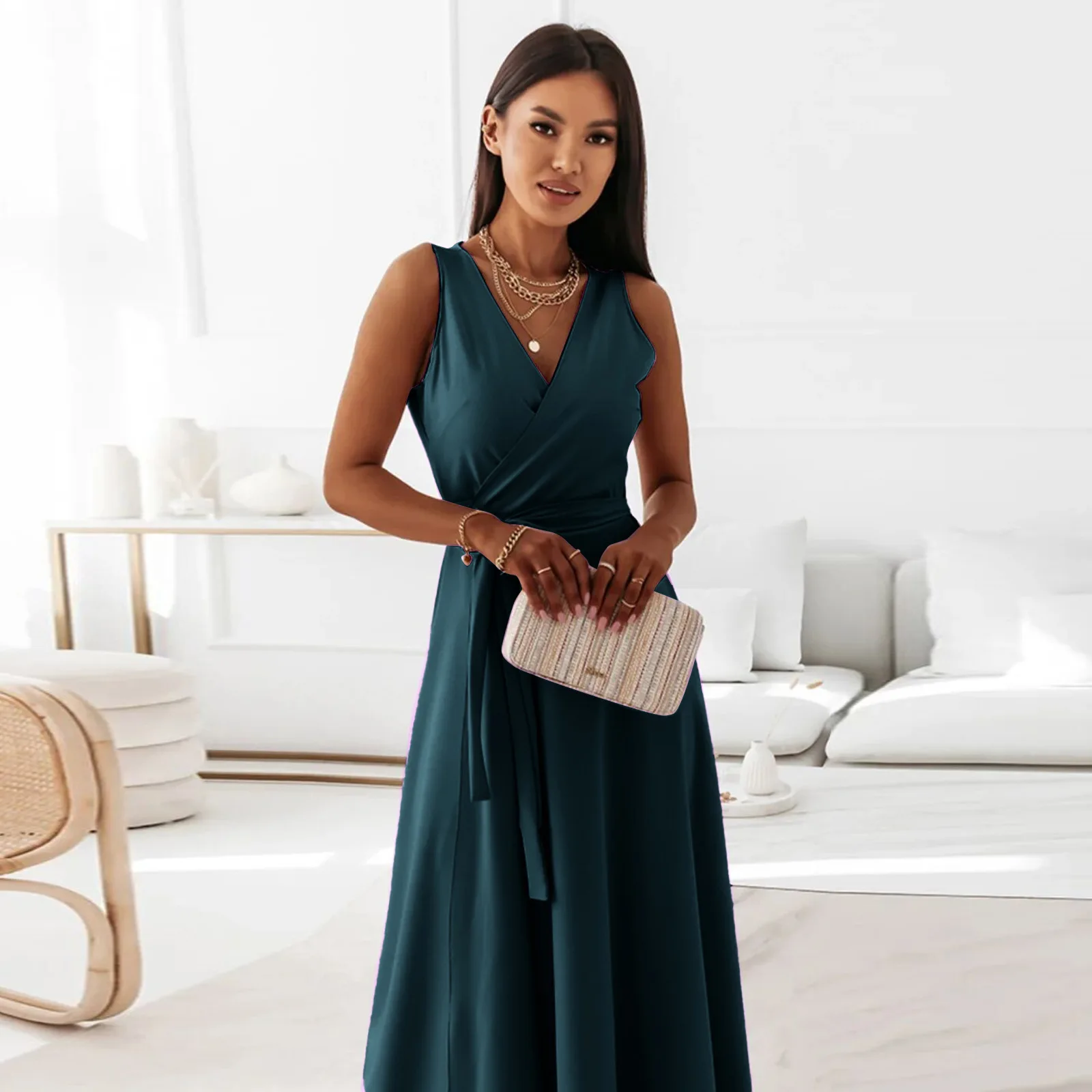 2025 sommer Neue Mode frauen Kleid Tie-neck V-ausschnitt Lange Abendkleid Kleid für Frauen Party Gala – Detail 7