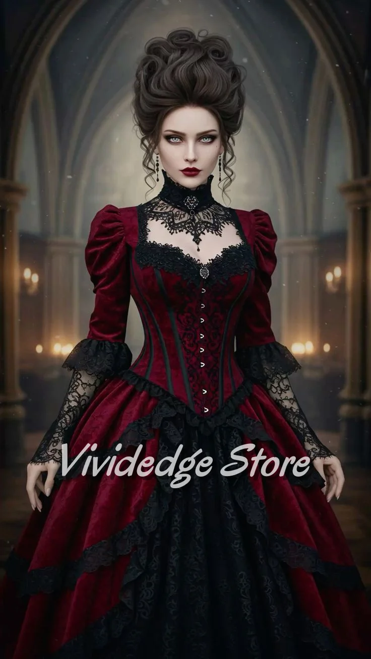 

Burgundy Fancy Vintage Ball Gown Medieval-inspired V-neck Lace Embroidered Long-sleeved Corset-waisted A-line Evening Dress cust