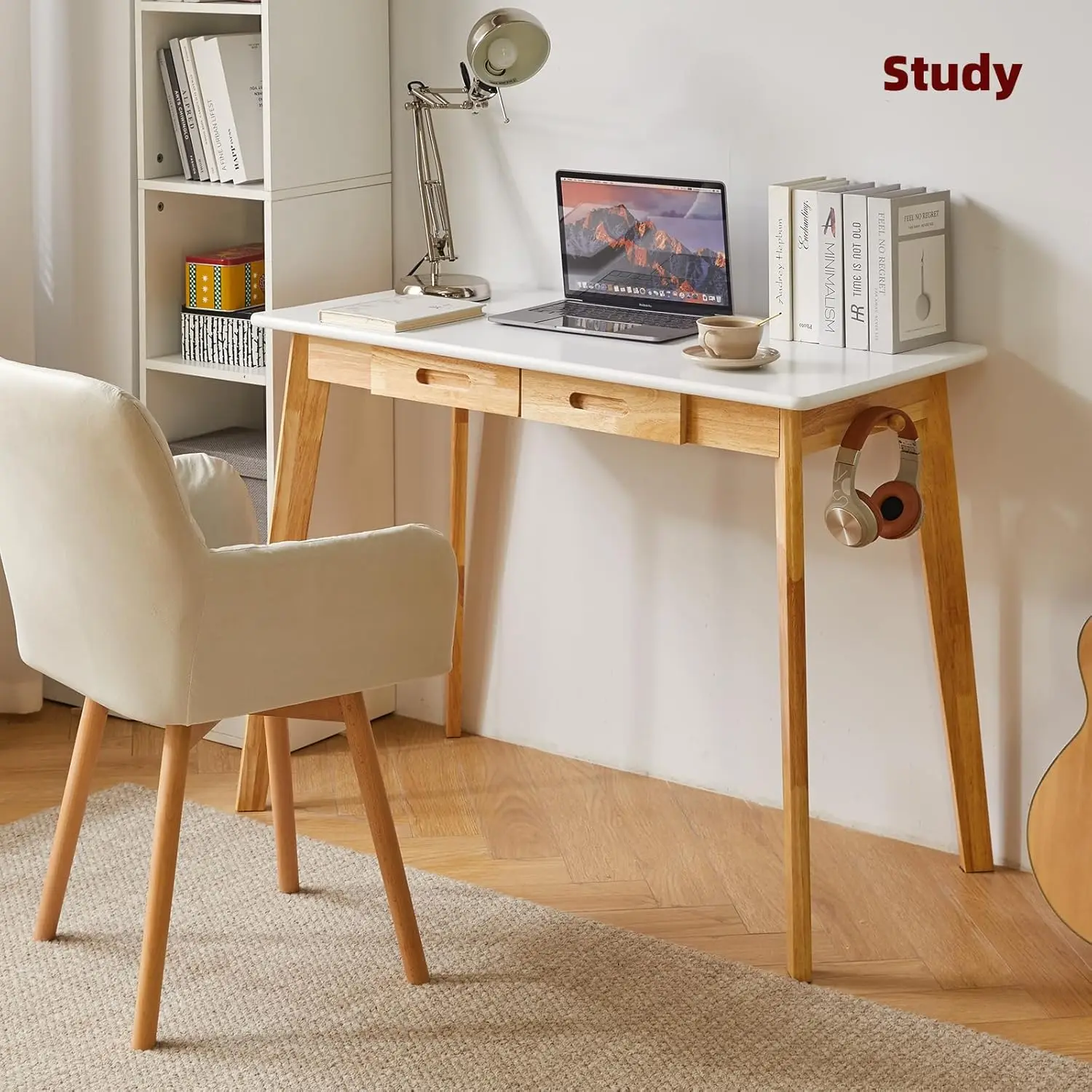 ！@Combohome Small Computer Desk Table Wood Writing Desk with Drawer and Hanging Rod Study Work Desk Wooden Dining Table White