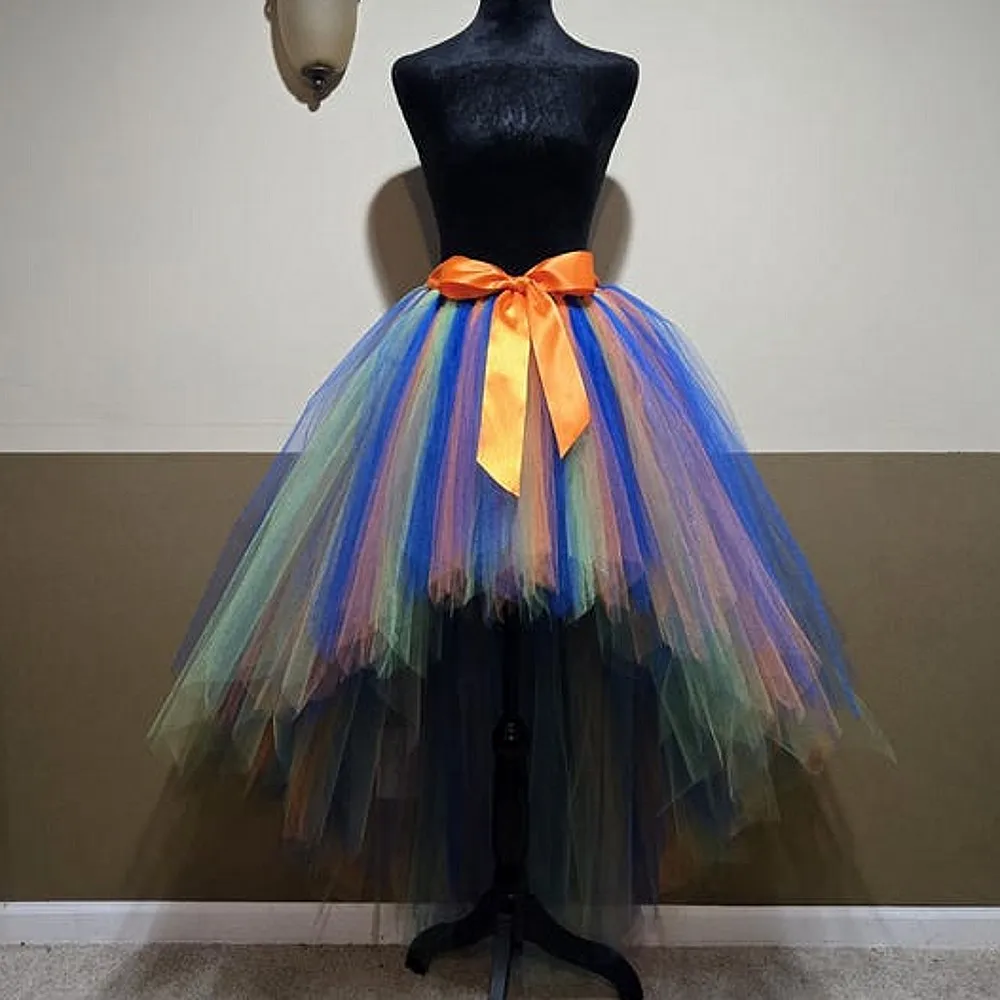

High Low Colorful Birthday Skirt With Ribbon Sash Chic Halloween Party Skirts Fluffy Dance Skirt Girls Petticoat
