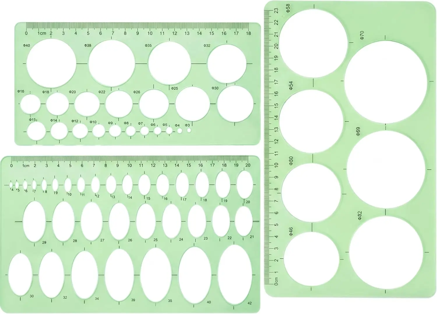 

Трафареты-шаблоны круглой формы 3 размеров для рисования, черчения, офисного и школьного использования - прозрачный зеленый пластик