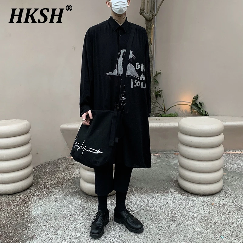 HKSH Spring Autumn New Original Men\'s Tide Dark Shirts High Street Medium Length Shirt Trench Chic Punk Windbreaker Coat HK2177